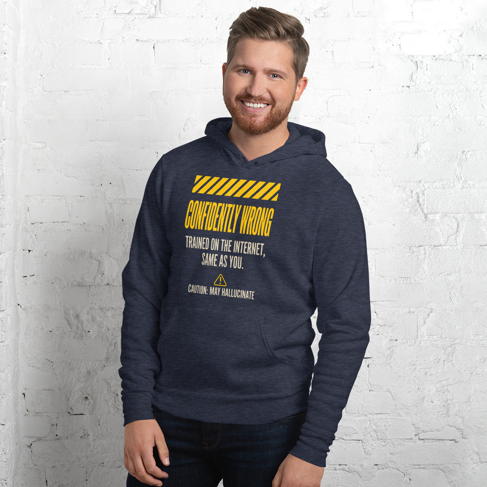Confidently Wrong AI hazard-label pullover hoodie — Heather Navy, on model