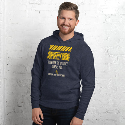 Confidently Wrong AI hazard-label pullover hoodie — Heather Navy, on model