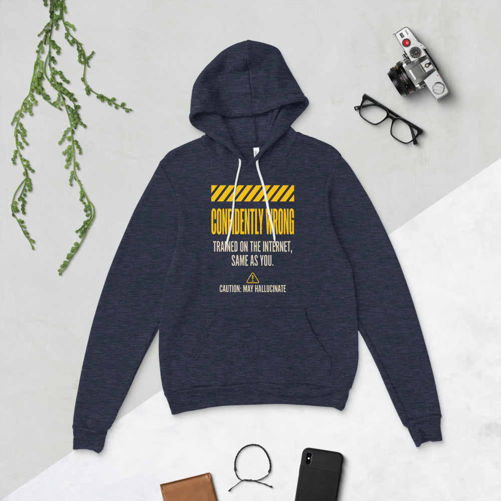 Confidently Wrong AI hazard-label pullover hoodie — Heather Navy, flat lay