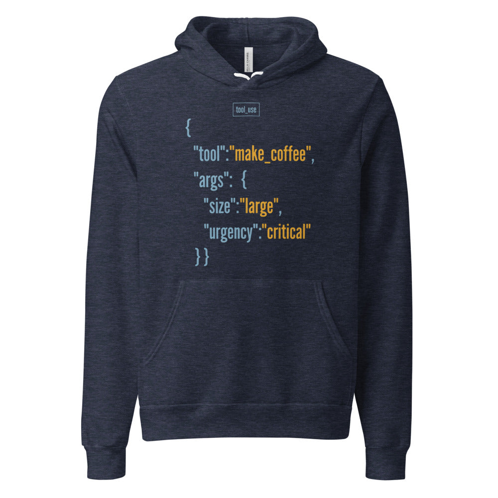 Tool Call Make Coffee AI engineer hoodie — Heather Navy, front