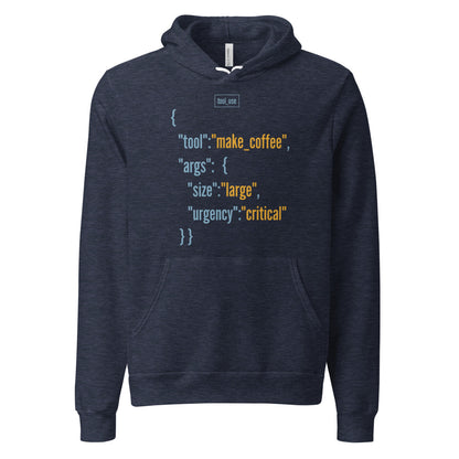 Tool Call Make Coffee AI engineer hoodie — Heather Navy, front
