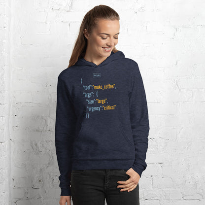 Tool Call Make Coffee AI engineer hoodie — Heather Navy, on model