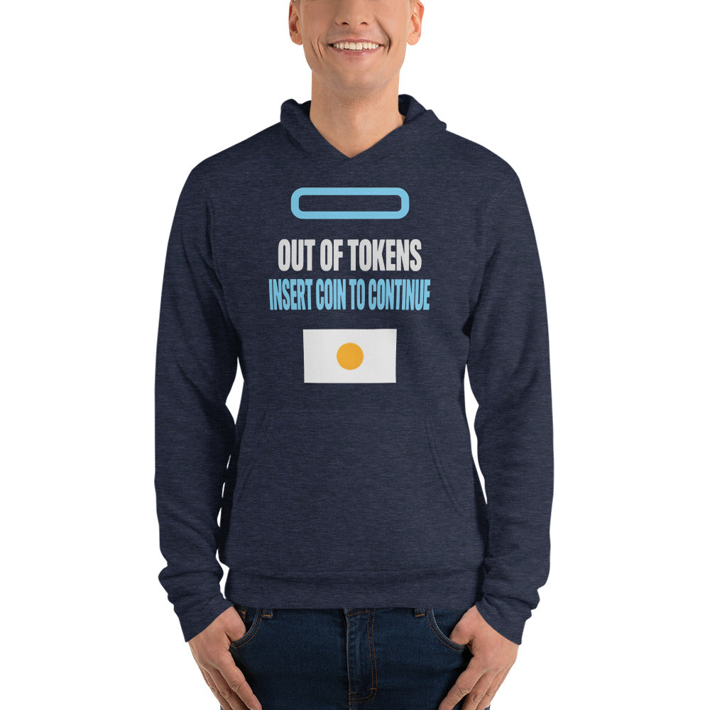 Insert Coin To Continue out of tokens hoodie — Heather Navy, on model