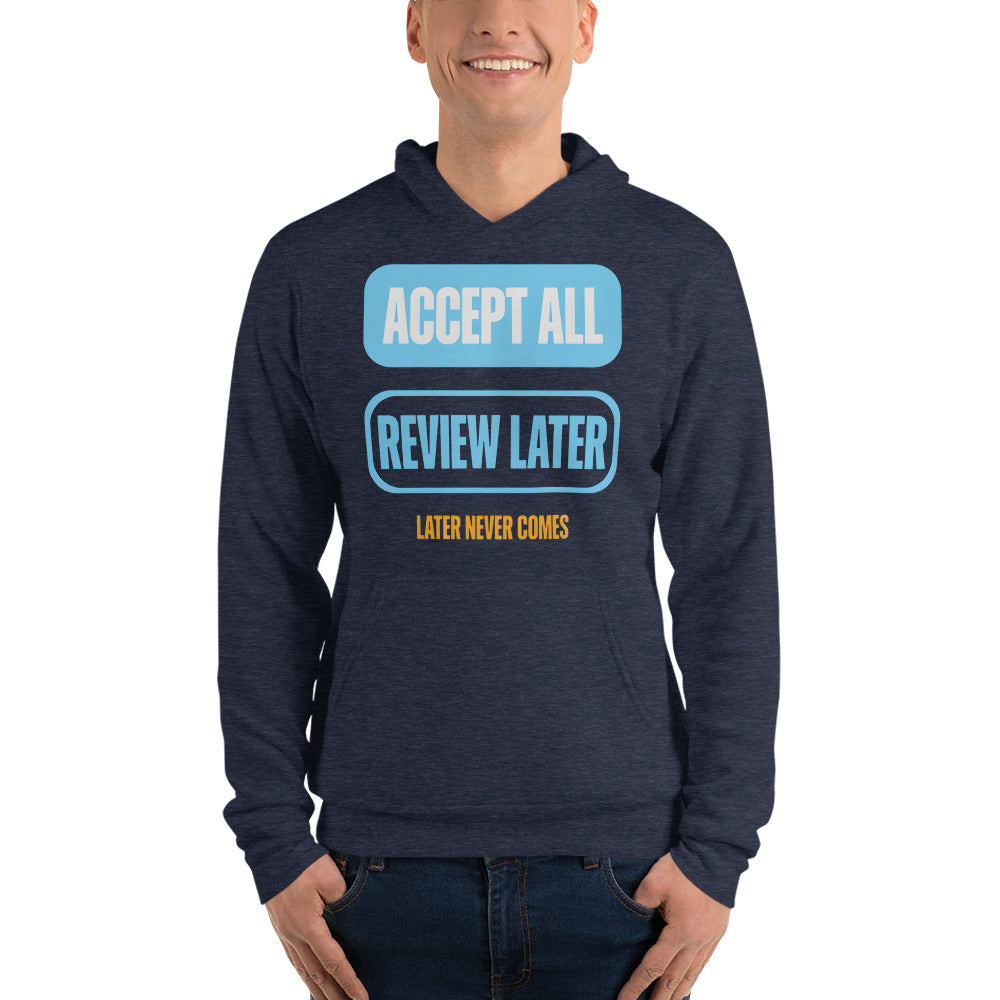 Accept All Review Later hoodie — Heather Navy, on model