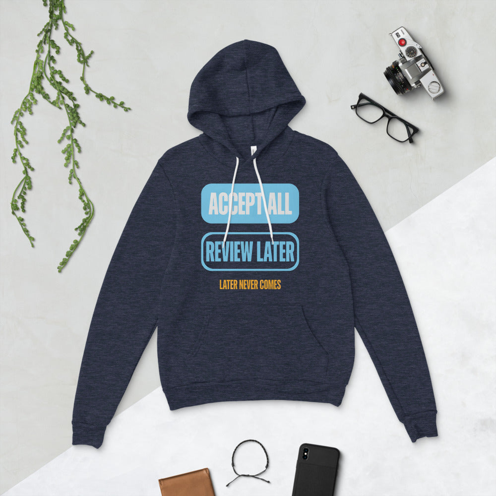 Accept All Review Later hoodie — Heather Navy, flat lay