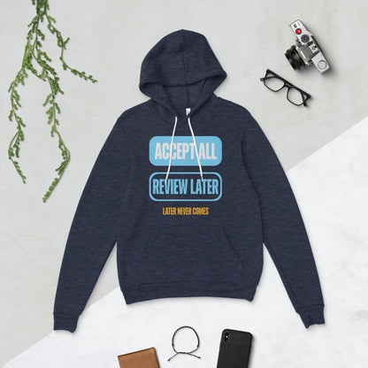 Accept All Review Later hoodie — Heather Navy, flat lay