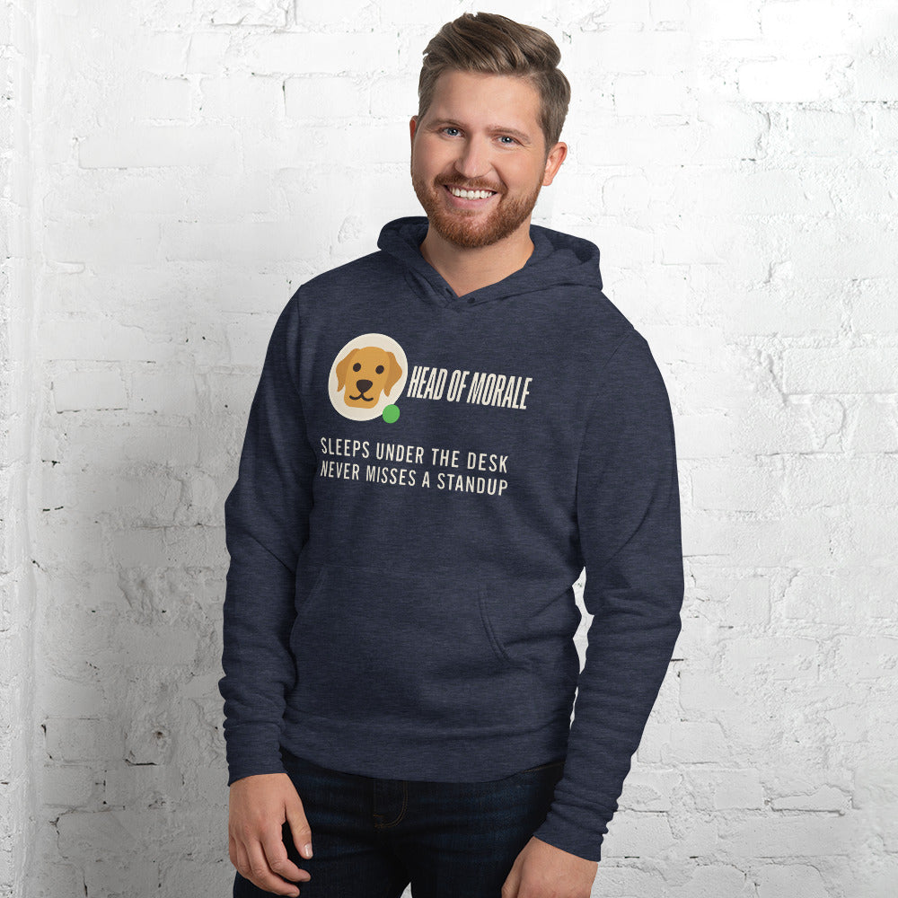 Head of Morale dog profile card unisex hoodie — Heather Navy, on model