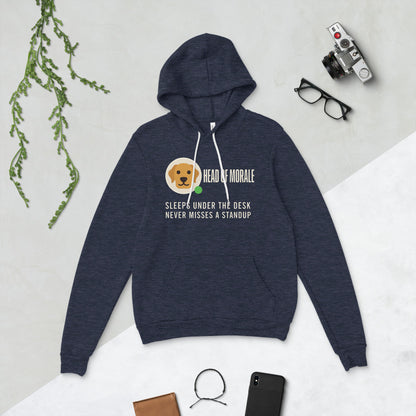 Head of Morale dog profile card unisex hoodie — Heather Navy, flat lay