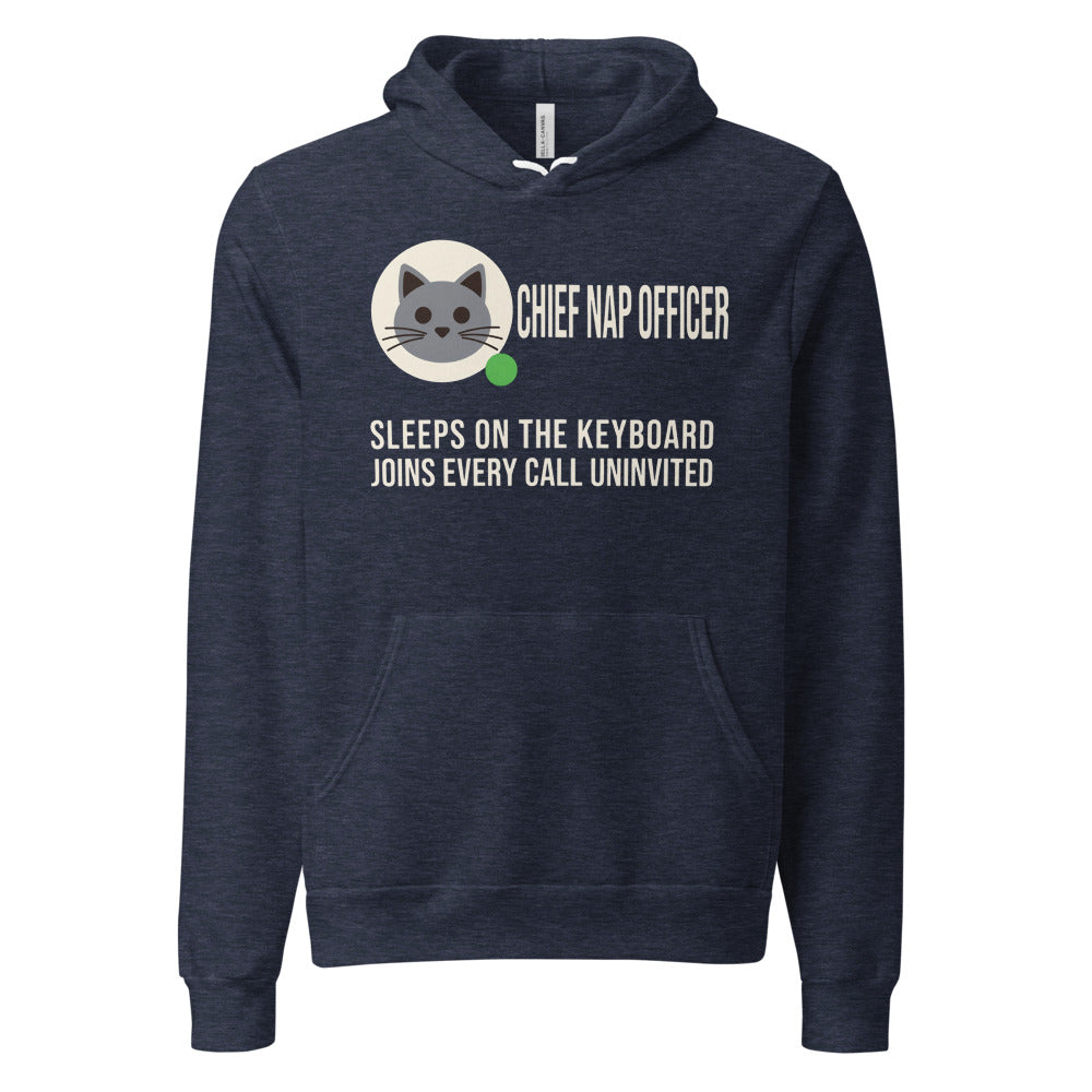 Chief Nap Officer cat profile card unisex hoodie — Heather Navy, front