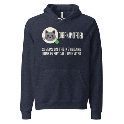 Chief Nap Officer cat profile card unisex hoodie — Heather Navy, front