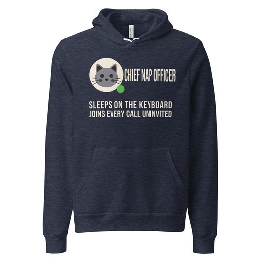 Chief Nap Officer cat profile card unisex hoodie — Heather Navy, front