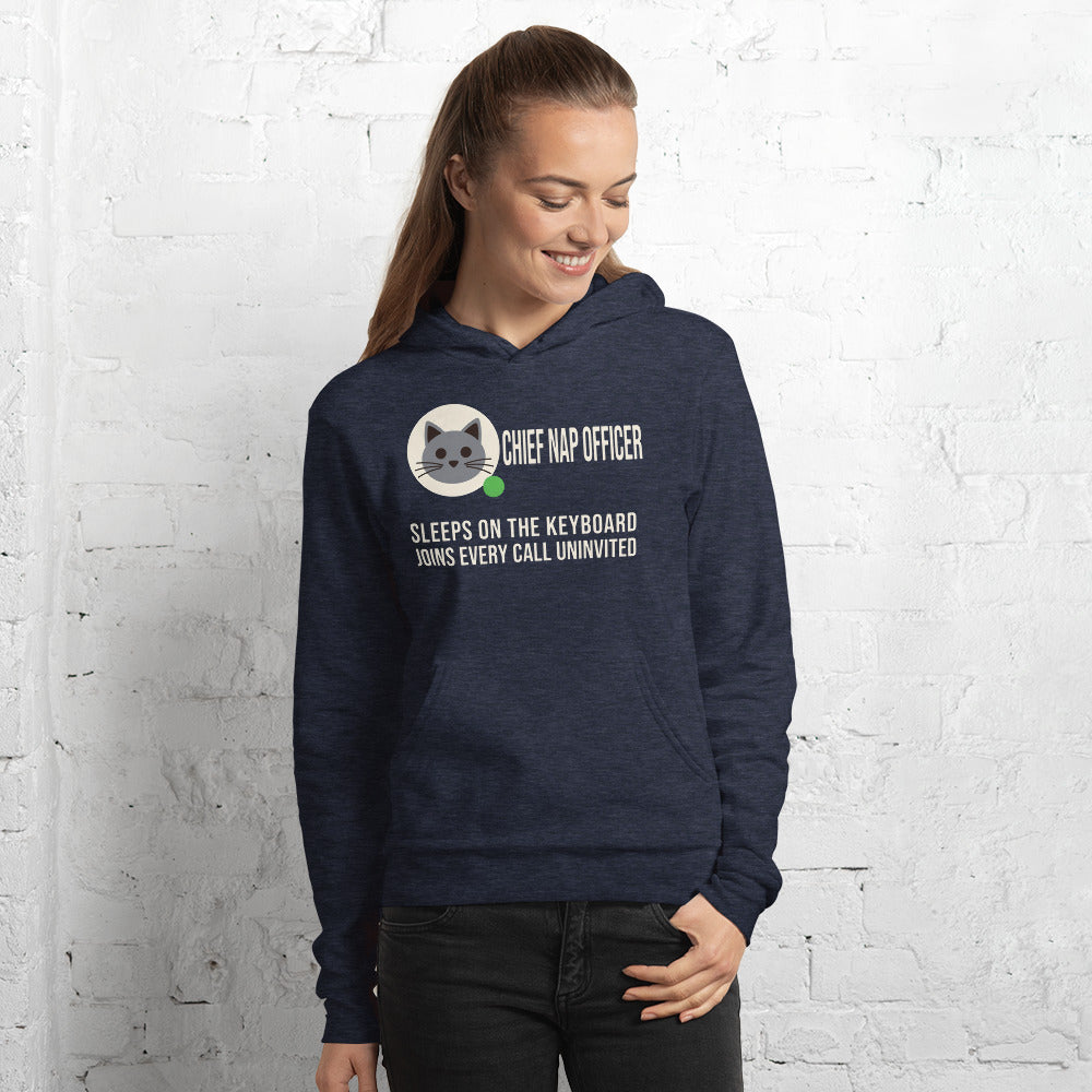 Chief Nap Officer cat profile card unisex hoodie — Heather Navy, on model