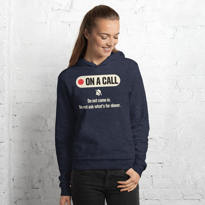 On A Call do not disturb status unisex hoodie — Heather Navy, on model