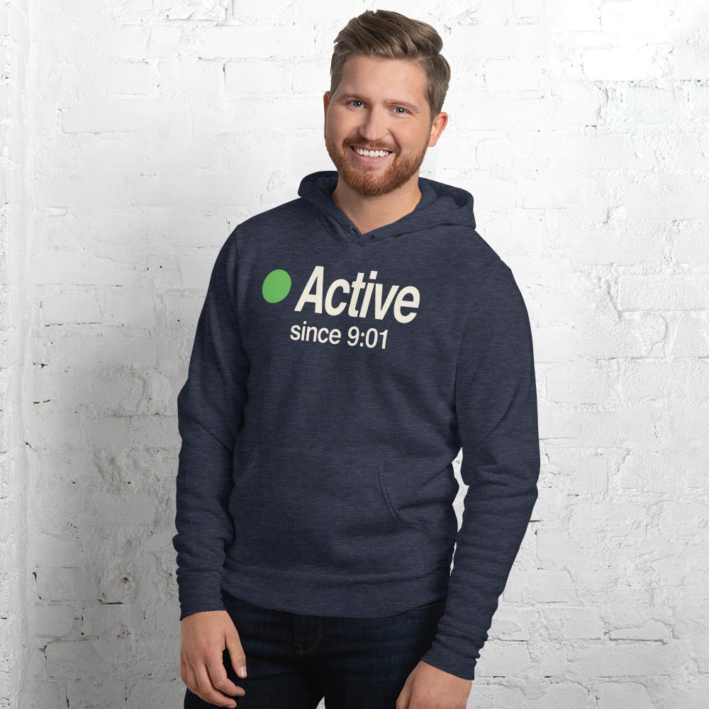 Active Since 9:01 presence status unisex hoodie — Heather Navy, on model