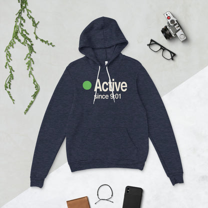 Active Since 9:01 presence status unisex hoodie — Heather Navy, flat lay