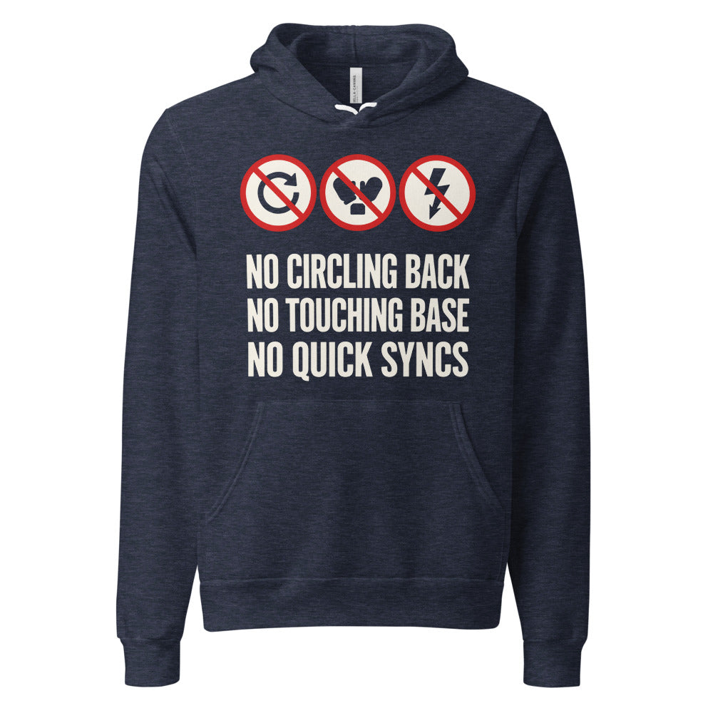 No Circling Back corporate jargon prohibition signs pullover hoodie — Heather Navy, front