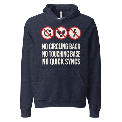 No Circling Back corporate jargon prohibition signs pullover hoodie — Heather Navy, front