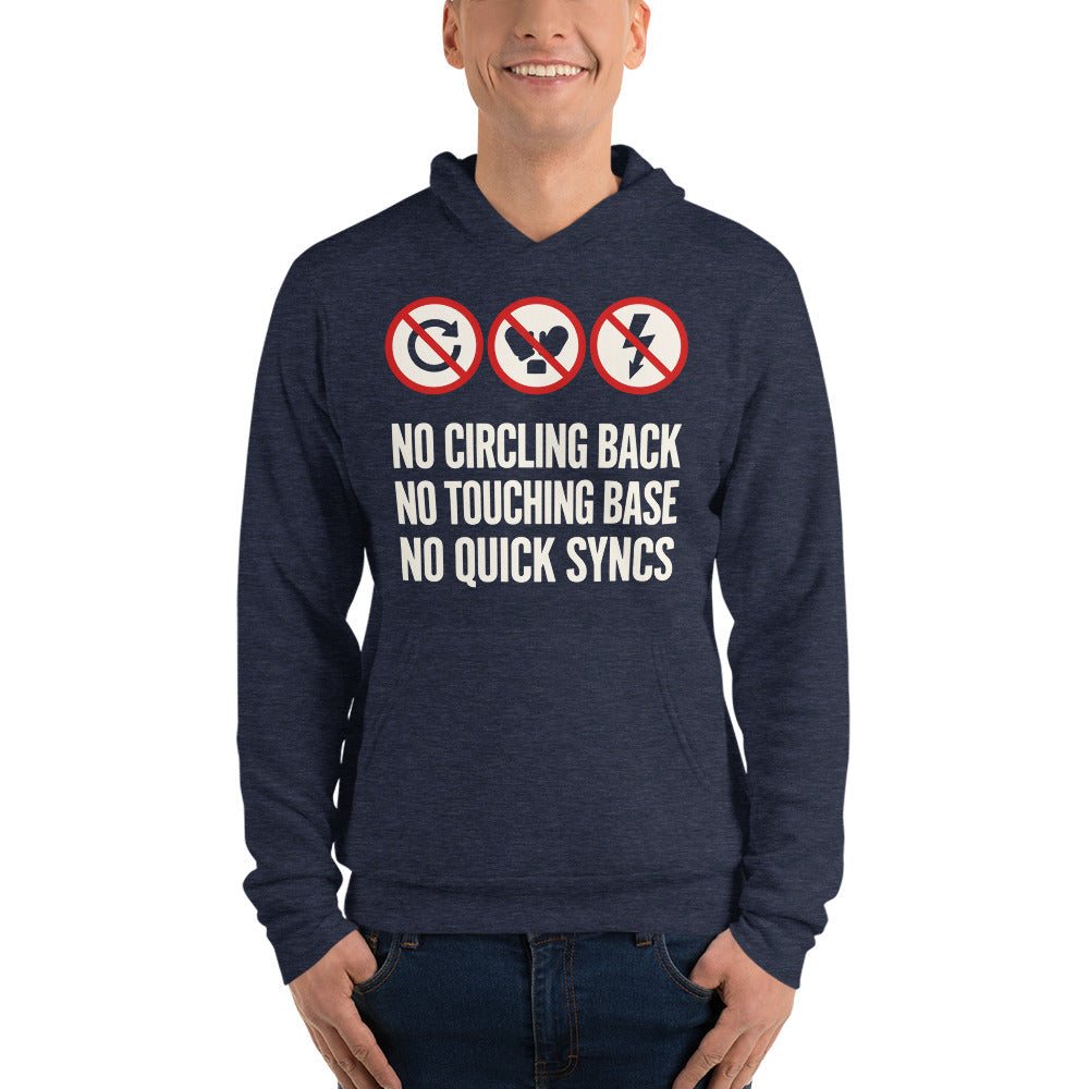 No Circling Back corporate jargon prohibition signs pullover hoodie — Heather Navy, on model