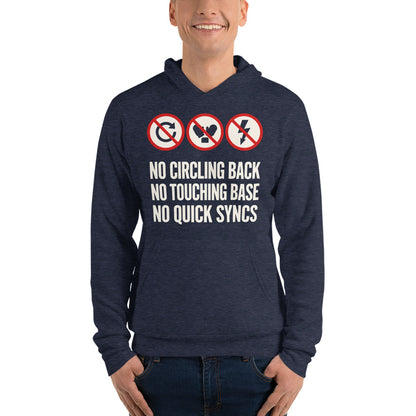 No Circling Back corporate jargon prohibition signs pullover hoodie — Heather Navy, on model