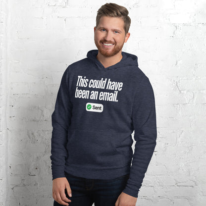 This Could Have Been An Email pullover hoodie — Heather Navy, on model