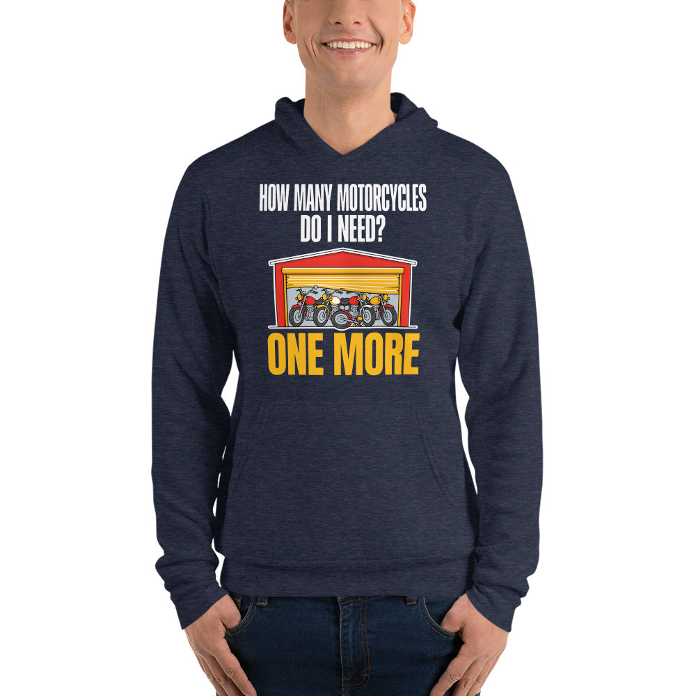 One More funny motorcycle hoodie — Heather Navy, on model