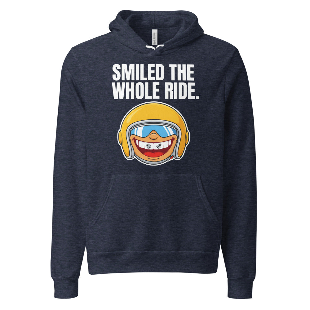 Smiled The Whole Ride funny motorcycle hoodie — Heather Navy, front