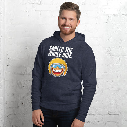 Smiled The Whole Ride funny motorcycle hoodie — Heather Navy, on model