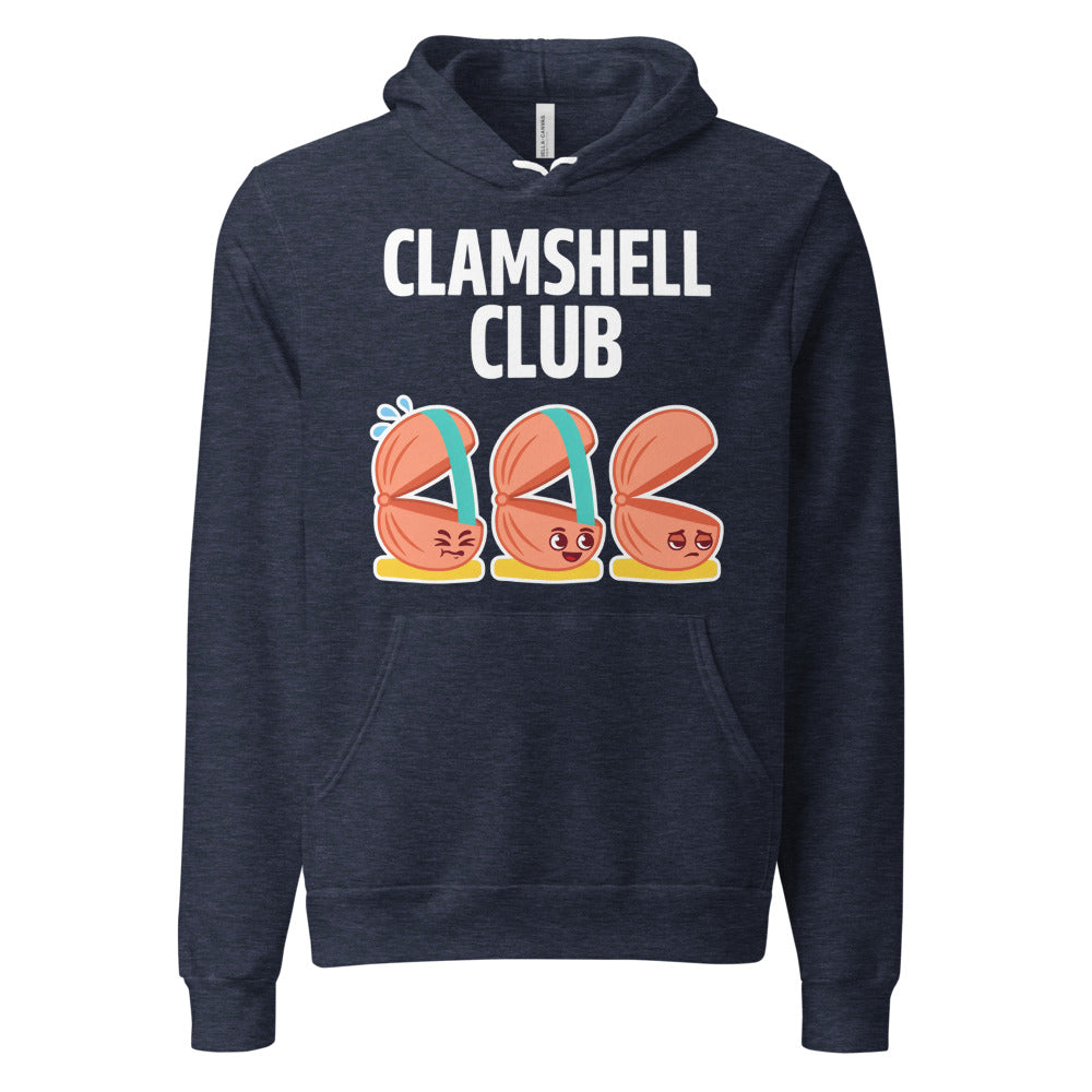 Clamshell Club funny physical therapy hoodie — Heather Navy, front