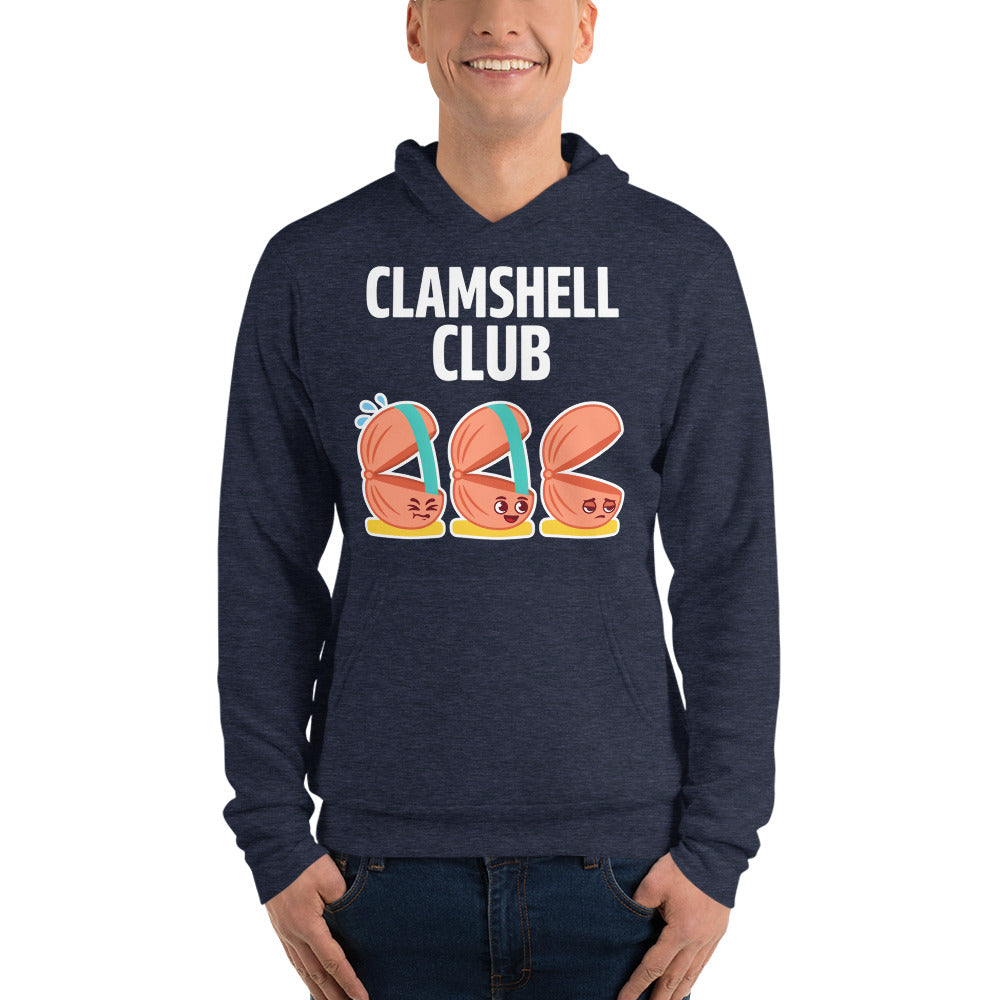 Clamshell Club funny physical therapy hoodie — Heather Navy, on model