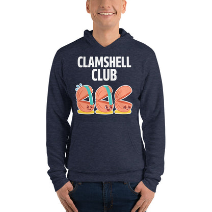Clamshell Club funny physical therapy hoodie — Heather Navy, on model