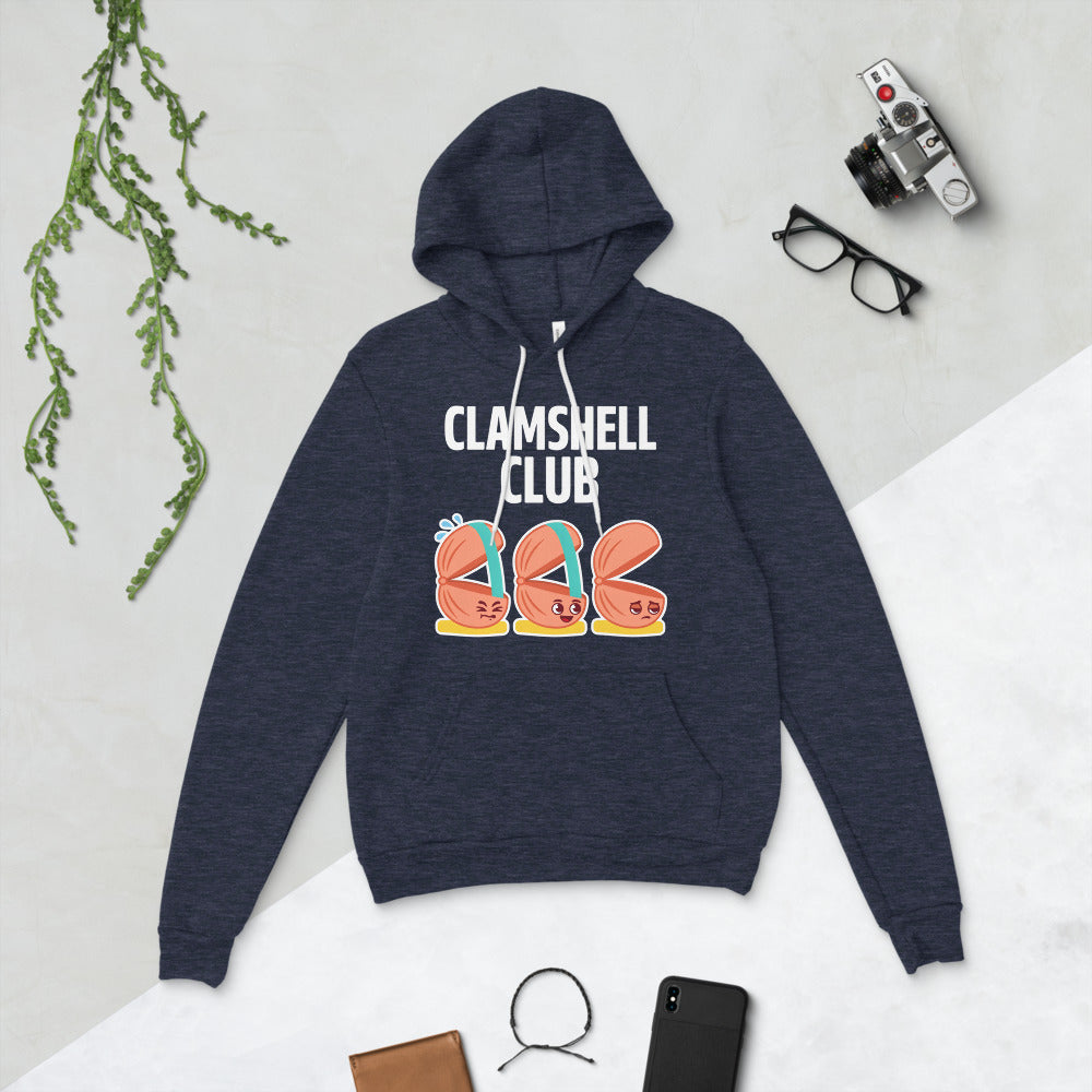 Clamshell Club funny physical therapy hoodie — Heather Navy, flat lay