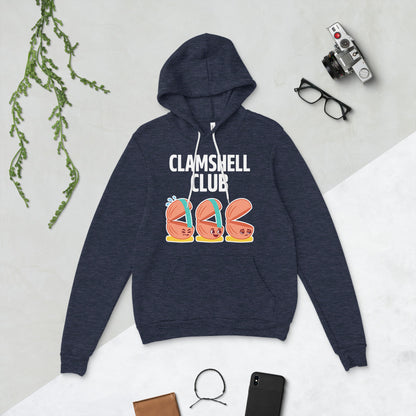 Clamshell Club funny physical therapy hoodie — Heather Navy, flat lay