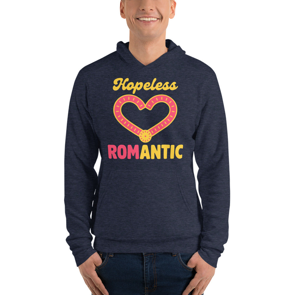 Hopeless ROMantic funny physical therapy hoodie — Heather Navy, on model