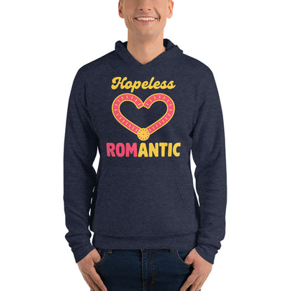 Hopeless ROMantic funny physical therapy hoodie — Heather Navy, on model