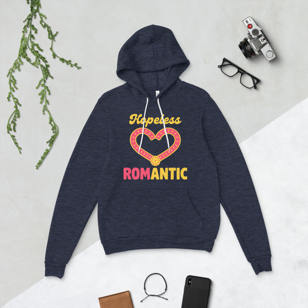 Hopeless ROMantic funny physical therapy hoodie — Heather Navy, flat lay