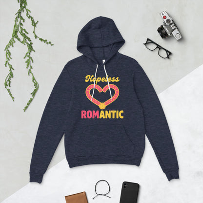 Hopeless ROMantic funny physical therapy hoodie — Heather Navy, flat lay