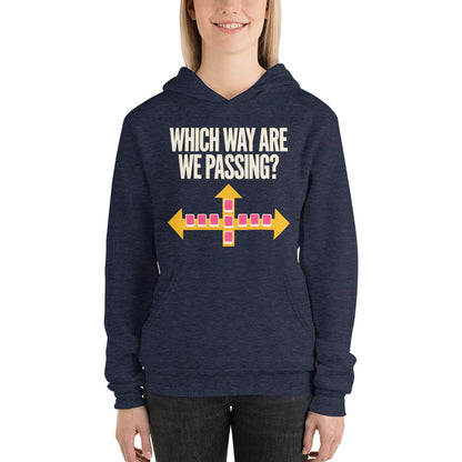Which Way Are We Passing funny mahjong hoodie — Heather Navy, on model