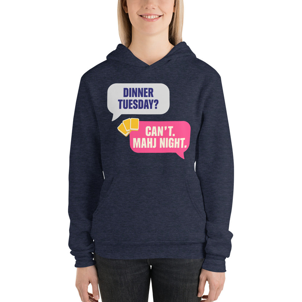 Mahj Night funny mahjong hoodie — Heather Navy, on model