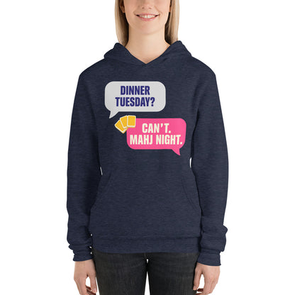 Mahj Night funny mahjong hoodie — Heather Navy, on model