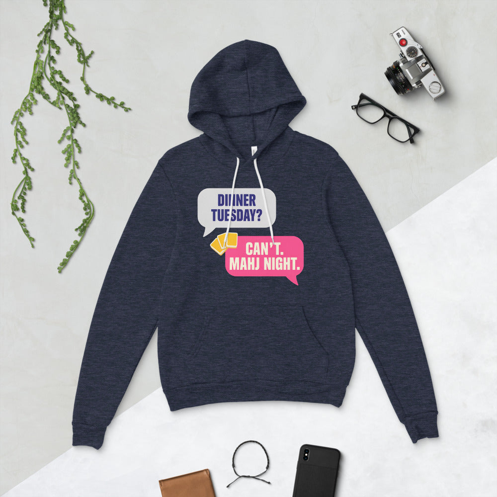 Mahj Night funny mahjong hoodie — Heather Navy, flat lay
