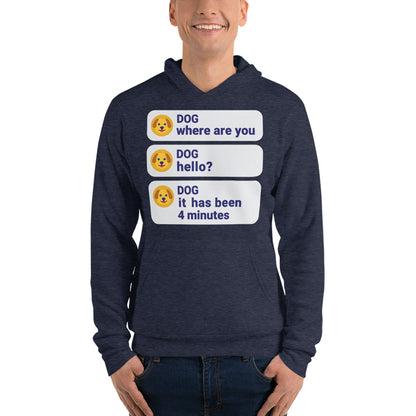 It Has Been 4 Minutes funny dog dad hoodie — Heather Navy, on model