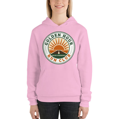 Golden Hour Run Club retro running hoodie — Lilac, on model