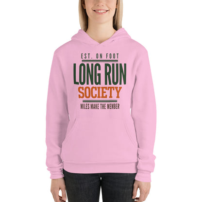 Long Run Society retro running hoodie — Lilac, on model