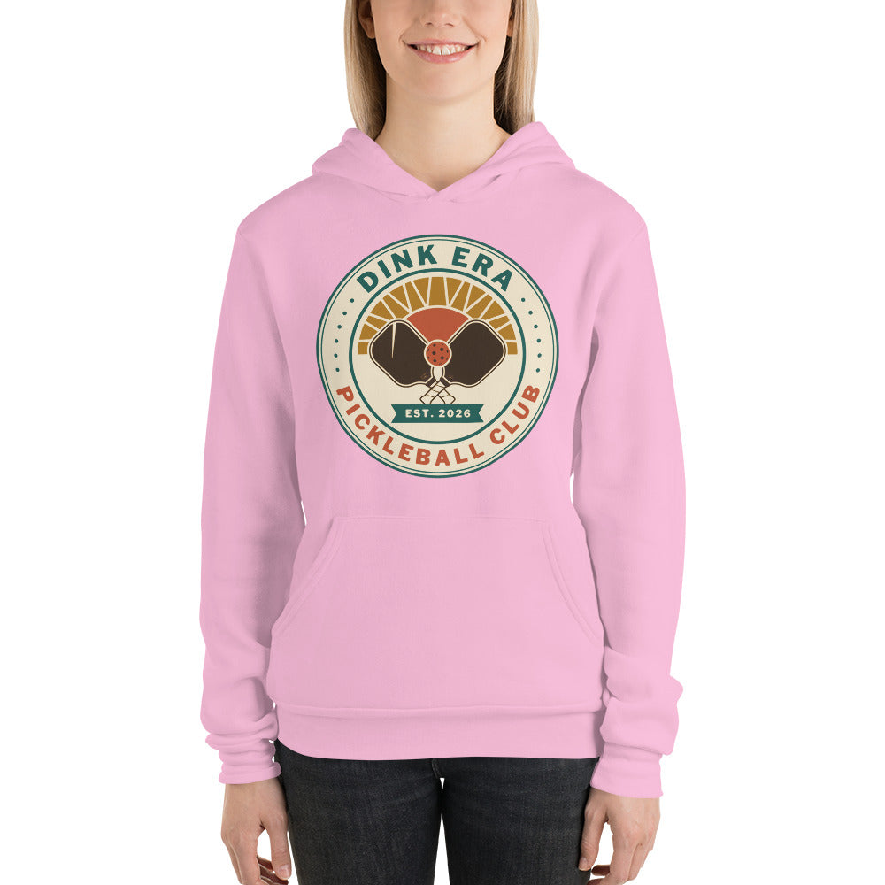 Dink Era Pickleball Club retro hoodie — Lilac, on model