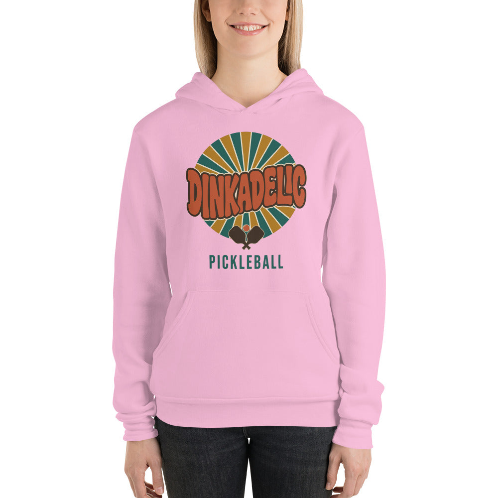 Dinkadelic retro 70s pickleball hoodie — Lilac, on model