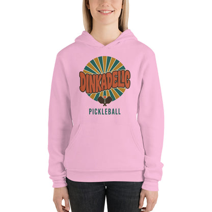 Dinkadelic retro 70s pickleball hoodie — Lilac, on model