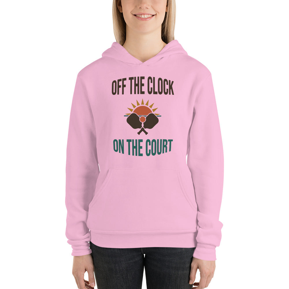 Off The Clock On The Court retro pickleball hoodie — Lilac, on model