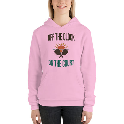 Off The Clock On The Court retro pickleball hoodie — Lilac, on model
