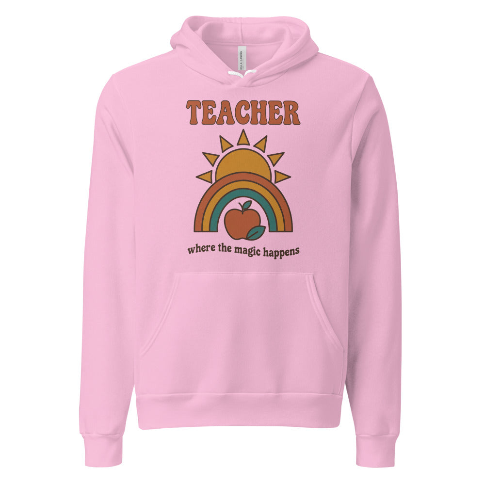 Teacher Where The Magic Happens retro groovy teacher hoodie — Lilac, front