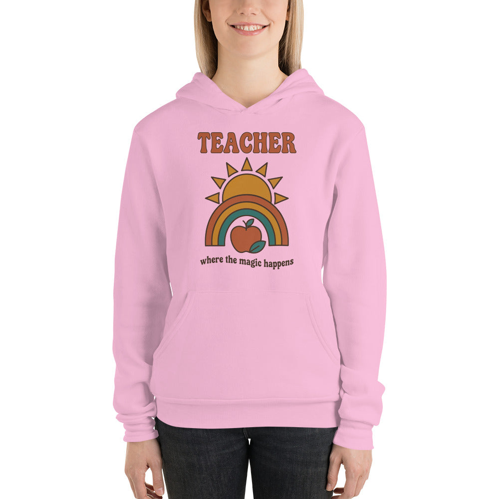 Teacher Where The Magic Happens retro groovy teacher hoodie — Lilac, on model